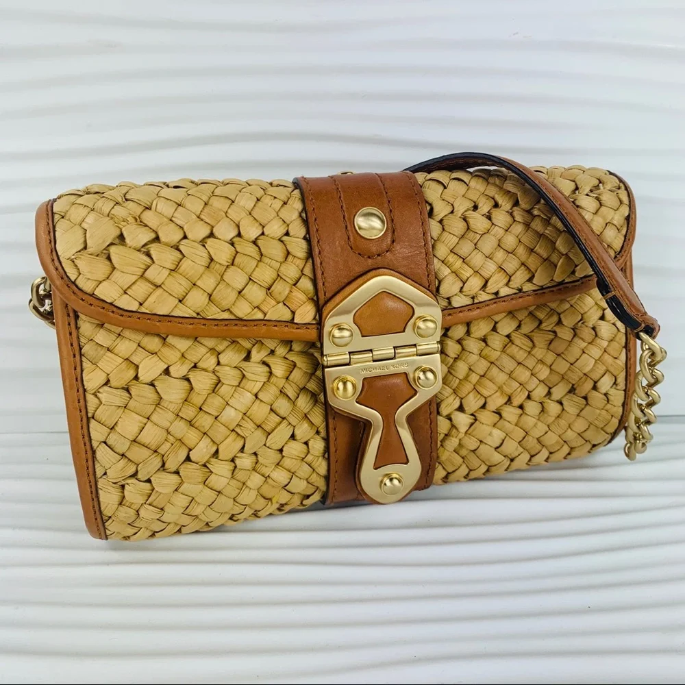 Michael Kors Tan Woven Straw Shoulder Bag with Gold Hardware